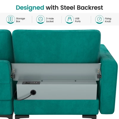 Costway Modular 3-Seat Sofa Couch W/ Socket USB Ports & Side Storage Pocket Teal - Image 5