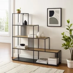 55.5" Modern 4 Shelf With Metal Bar Room Divider Bookcase Coastal Oak/Black - Saracina Home