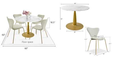 Harris+Flavia 5-Piece Round-Shaped Artificial Marble Dining Table Set With 4 Velvet Upholstered Chairs Gold Legs -The Pop Maison - Image 3