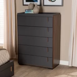 5 Drawer Rikke Two-Tone Wood Chest Brown - Baxton Studio