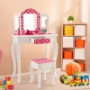 Costway Kid Vanity Set Wooden Makeup Table Stool Tri-Folding Mirror Polka Dot Print Pink