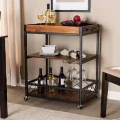 Capri Oak And Finished Mobile Metal Bar Cart With Stemware Rack Brown - Baxton Studio