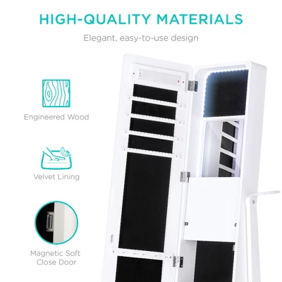 Best Choice Products Full Length LED Mirrored Jewelry Storage Organizer Cabinet W/ Interior & Exterior Lights - Image 4