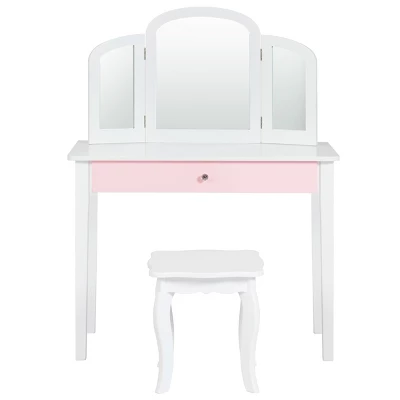 Costway Kids Vanity Set Princess Makeup Dressing Play Table Set W/Mirror White Pink - Image 2