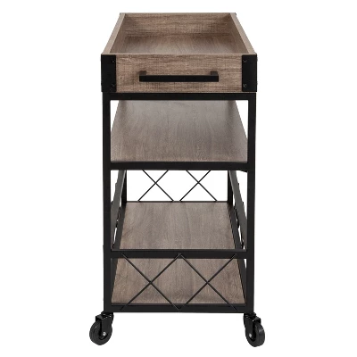 Merrick Lane Rolling Kitchen Serving And Bar Cart With Shelves And Wine Glass Holders In Distressed Light Oak Wood And Black Iron - Image 11