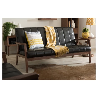 Nikko Mid-Century Modern Scandinavian Style Faux Leather Wooden 3 Seater Sofa - Baxton Studio - Image 3
