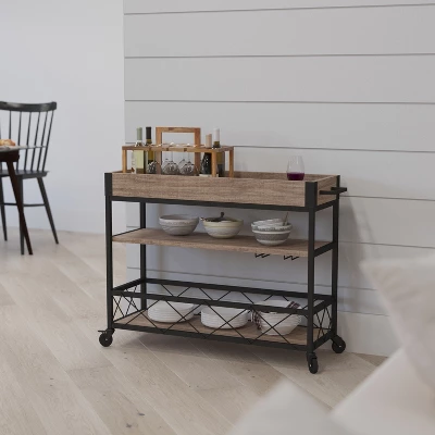 Merrick Lane Rolling Kitchen Serving And Bar Cart With Shelves And Wine Glass Holders In Distressed Light Oak Wood And Black Iron - Image 4