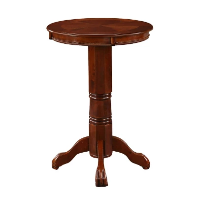 42" Wood Pub Bar Table With Sunburst Design And Carved Pedestal Dark Brown - Benzara