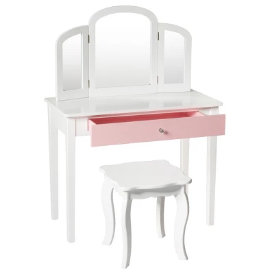 Costway Kids Vanity Set Princess Makeup Dressing Play Table Set W/Mirror White Pink