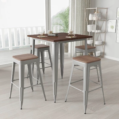 Merrick Lane 5 Piece Bar Table And Stools Set With 31.5" Square Silver Metal Table With Wood Top And 4 Matching Bar Stools