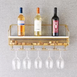 Twine Gold Wall Mounted Wine Rack, Holds 8 Standard Wine Bottles, Wood And Cast Iron, Cork Storage, Holds 5 Wine Glasses, Gold Finish