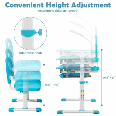 Costway Height Adjustable Kids Study Table And Chair Set W/Bookstand & Light Pink/Light Blue - Image 7