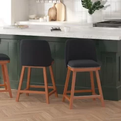 Merrick Lane Set Of 2 Charcoal Faux Linen Upholstered 24" Counter Stools With Nail Head Accent Trim And Walnut Wood Frames