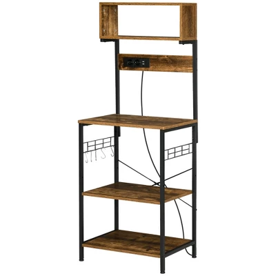HOMCOM Kitchen Baker's Rack With Power Outlet, USB Charger, Microwave Stand, Coffee Bar With Adjustable Shelves, 5 Hooks, Rustic Brown - Image 3
