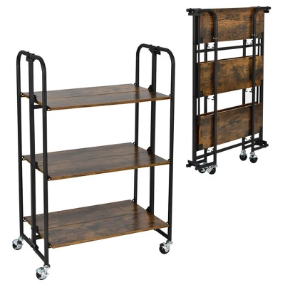 Tangkula 3-Tier Folding Bar Cart Kitchen Serving Island Utility Cart Storage Shelves - Image 7