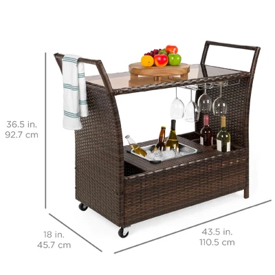 Best Choice Products Wicker Outdoor Rolling Bar Cart W/ Ice Bucket, Glass Countertop, Glass Holders, Storage - Brown - Image 6