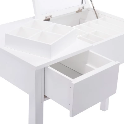 Tangkula 2 Drawers Make-up Mirror Set Vanity Dressing Table Flip-type Desktop With Stool - Image 5