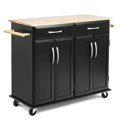Costway Rolling Kitchen Trolley Island Black Cart Wood Top Storage Cabinet Utility W/ Drawers - Image 7