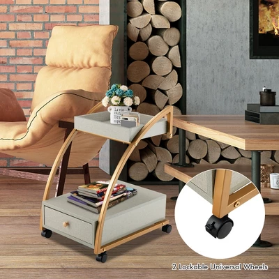 Costway Rolling End Table With Storage Drawer Tray Top 4 Casters Modern Bedside Trolley - Image 8