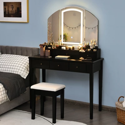 Costway Vanity Table Stool Set Large Tri-folding Lighted Mirror 6 Drawer Dresser WhiteBlack - Image 8