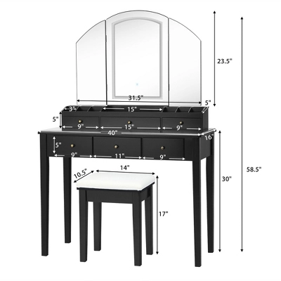Costway Vanity Table Stool Set Large Tri-folding Lighted Mirror 6 Drawer Dresser WhiteBlack - Image 2