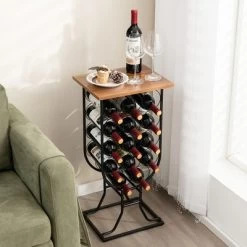 Costway 14 Bottles Wine Rack Console Table Freestanding Wine Storage With Woodtop & Wheels