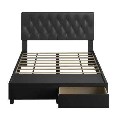 Full Veronica Tufted Faux Leather Upholstered Platform Bed With Storage Drawers Black - Eco Dream