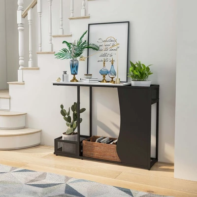 Costway 43.5'' Console Table With Faux Marble Top & 2 Storage Compartments Entryway Hallway - Image 4