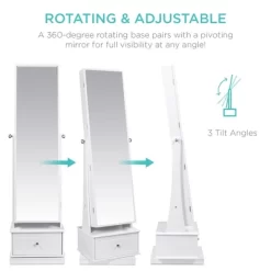 Best Choice Products 360 Swivel Standing Mirrored Jewelry Cabinet, LED-Lit Makeup Organizer W/ Mirror - White