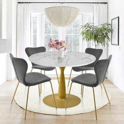 Harris+Flavia 5-Piece Round-Shaped Artificial Marble Dining Table Set With 4 Velvet Upholstered Chairs Gold Legs -The Pop Maison - Image 10