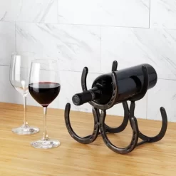 Foster & Rye Horseshoe Countertop Metal Wine Rack, Cast Iron Wine Bottle Holder, Holds 3 Standard Wine Bottles, 10" X 5.5" X 8.5"