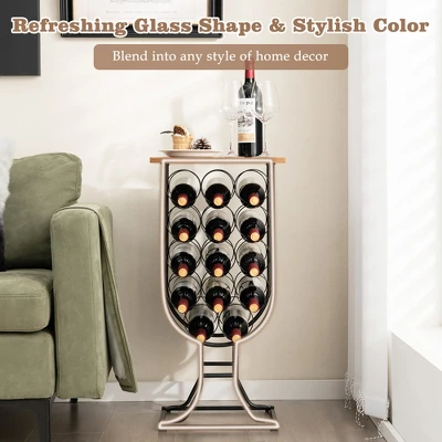 Costway 14 Bottles Wine Rack Console Table Freestanding Wine Storage With Woodtop & Wheels - Image 5