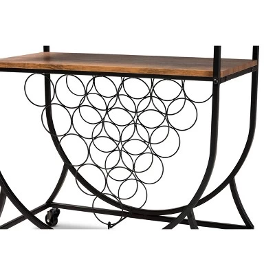 Dania Antique Vintage Industrial Metal And Wood Mobile Wine Bar Cart Black/Walnut - Baxton Studio - Image 4