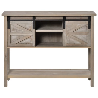 HOMCOM Farmhouse Style Console Table With Sliding Barn Doors And 4 Open Storage Compartments And Elevated Base, Gray - Image 3