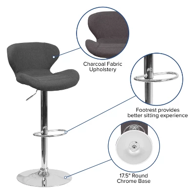 Merrick Lane Adjustable Height Barstool Contemporary Bar Height Stool With Curved Back And Metal Base With Footrest - Image 8
