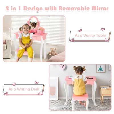 Costway Kids Vanity Princess Makeup Dressing Table Stool Set W/ Mirror Drawer - Image 4