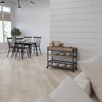 Merrick Lane Rolling Kitchen Serving And Bar Cart With Shelves And Wine Glass Holders In Distressed Light Oak Wood And Black Iron - Image 6