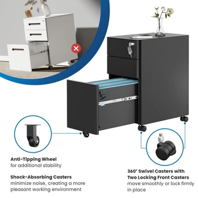 Mount-It! Mobile File Pedestal Cabinet With 3 Drawers & Lock | Slim Design Under Desk Storage & Organizer For Files, Folders & Office Supplies | Black - Image 7