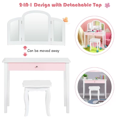 Costway Kids Vanity Set Princess Makeup Dressing Play Table Set W/Mirror White Pink - Image 7