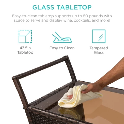 Best Choice Products Wicker Outdoor Rolling Bar Cart W/ Ice Bucket, Glass Countertop, Glass Holders, Storage - Brown - Image 3