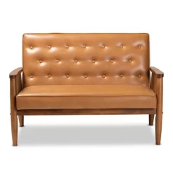 Sorrento Mid-Century Faux Leather Upholstered Wood Loveseat Walnut/Brown - Baxton Studio