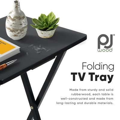 PJ Wood Lightweight Rectangle Folding TV Snack Tray Tables With Compact Storage Rack, Solid Wood Construction, Black, (2 Piece Set) - Image 2