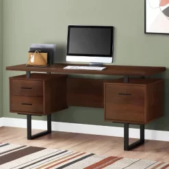 Monarch Specialties Home Office Writing Table 60 Inch Long Compact Computer Desk, Dark Wood Finish With Black Metal Frame