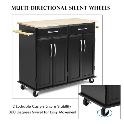 Costway Rolling Kitchen Trolley Island Black Cart Wood Top Storage Cabinet Utility W/ Drawers - Image 4