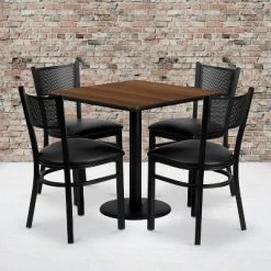 Emma And Oliver 30" Square Walnut Laminate Table Set, 4 Grid Back Metal Chairs