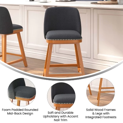 Merrick Lane Set Of 2 Charcoal Faux Linen Upholstered 24" Counter Stools With Nail Head Accent Trim And Walnut Wood Frames - Image 5