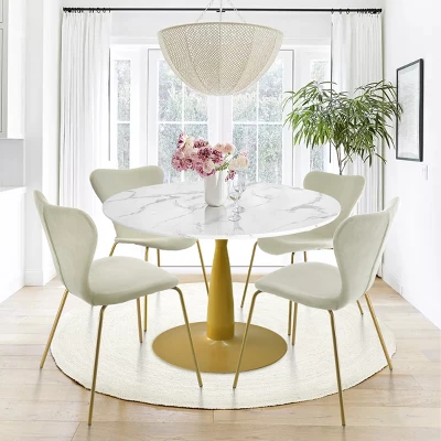 Harris+Flavia 5-Piece Round-Shaped Artificial Marble Dining Table Set With 4 Velvet Upholstered Chairs Gold Legs -The Pop Maison - Image 8