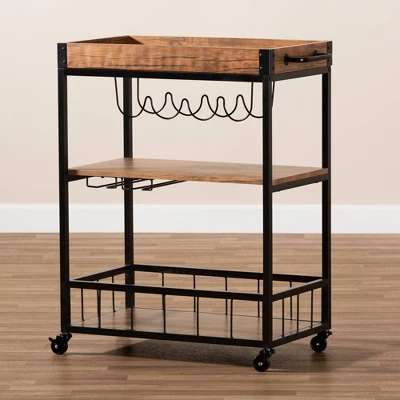 Cerne Oak And Finished Mobile Metal Bar Cart With Wine Bottle Rack Brown - Baxton Studio - Image 8