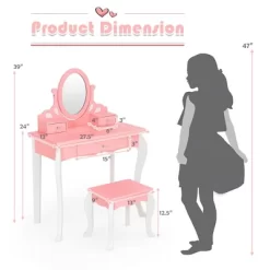 Costway Kids Vanity Princess Makeup Dressing Table Stool Set W/ Mirror Drawer