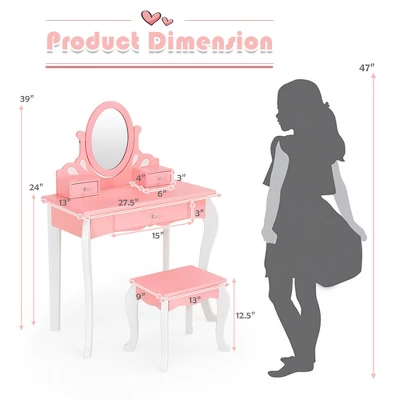 Costway Kids Vanity Princess Makeup Dressing Table Stool Set W/ Mirror Drawer